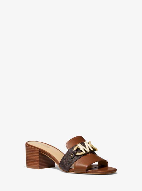 Damske Mules Michael Kors Izzy Logo Embellished Leather Hnede Viacfarebný - Topanky Michael Kors Outlet | NJWUC-4968